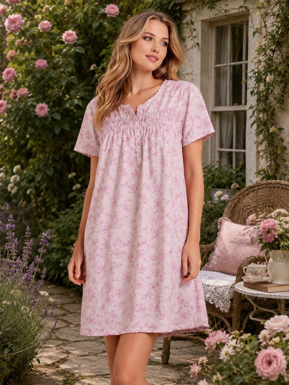 Carroll Reed Women’s XL Pink Floral Nightgown Prairie Cottagecore Sleep Dress